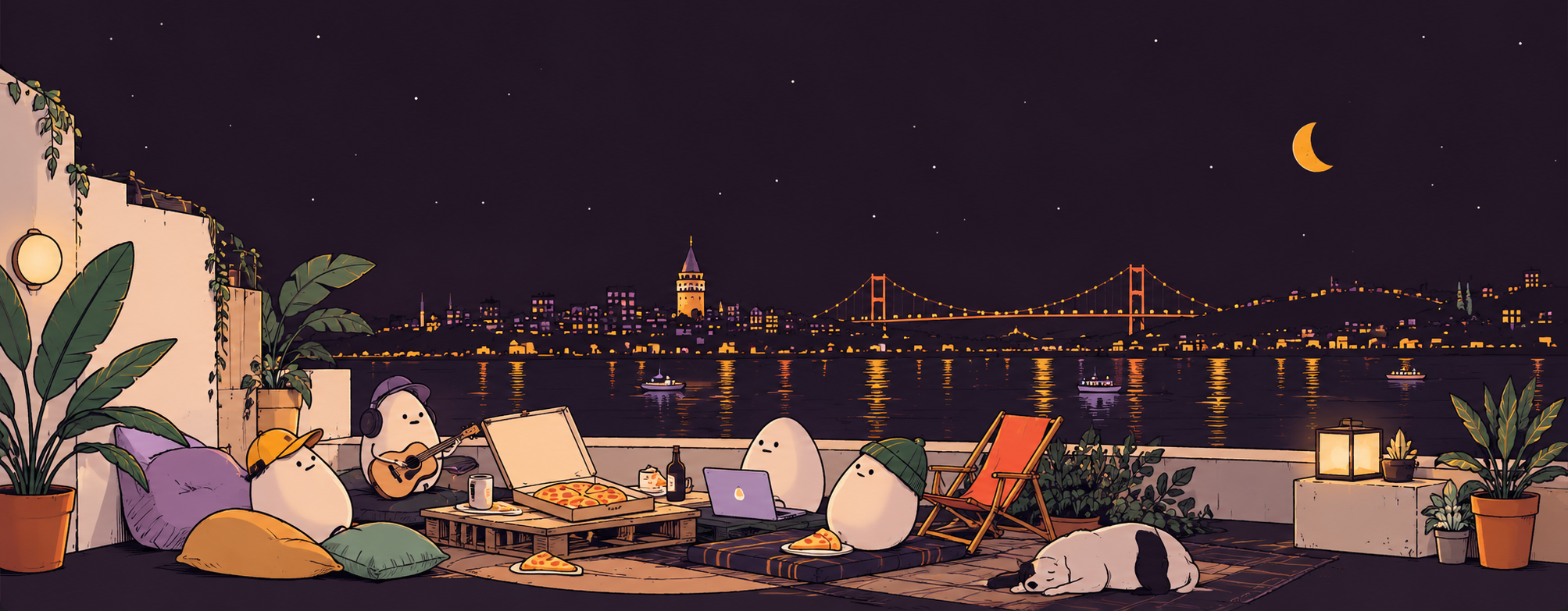 Night on a rooftop: egg-shaped friends with a guitar, a laptop and an open pizza box, a dog asleep on the rug, and the city lights, a tower, a suspension bridge and a crescent moon over the water.